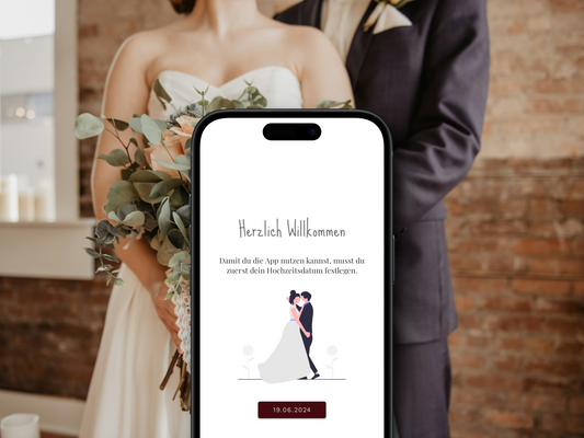 iPhone App zentriert vor einem Hochzeitspaar