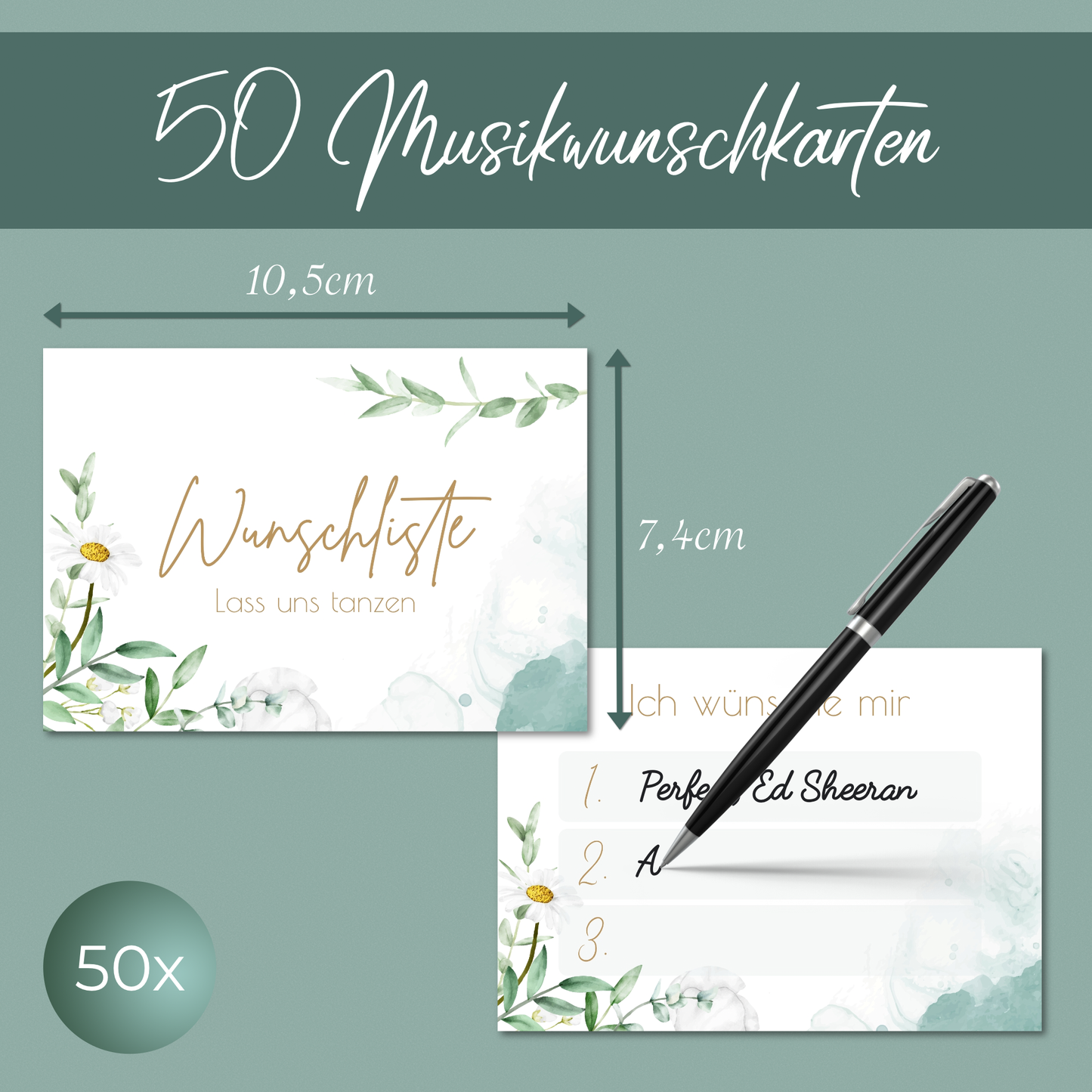 50 Musikwunschkarten im floralen Design