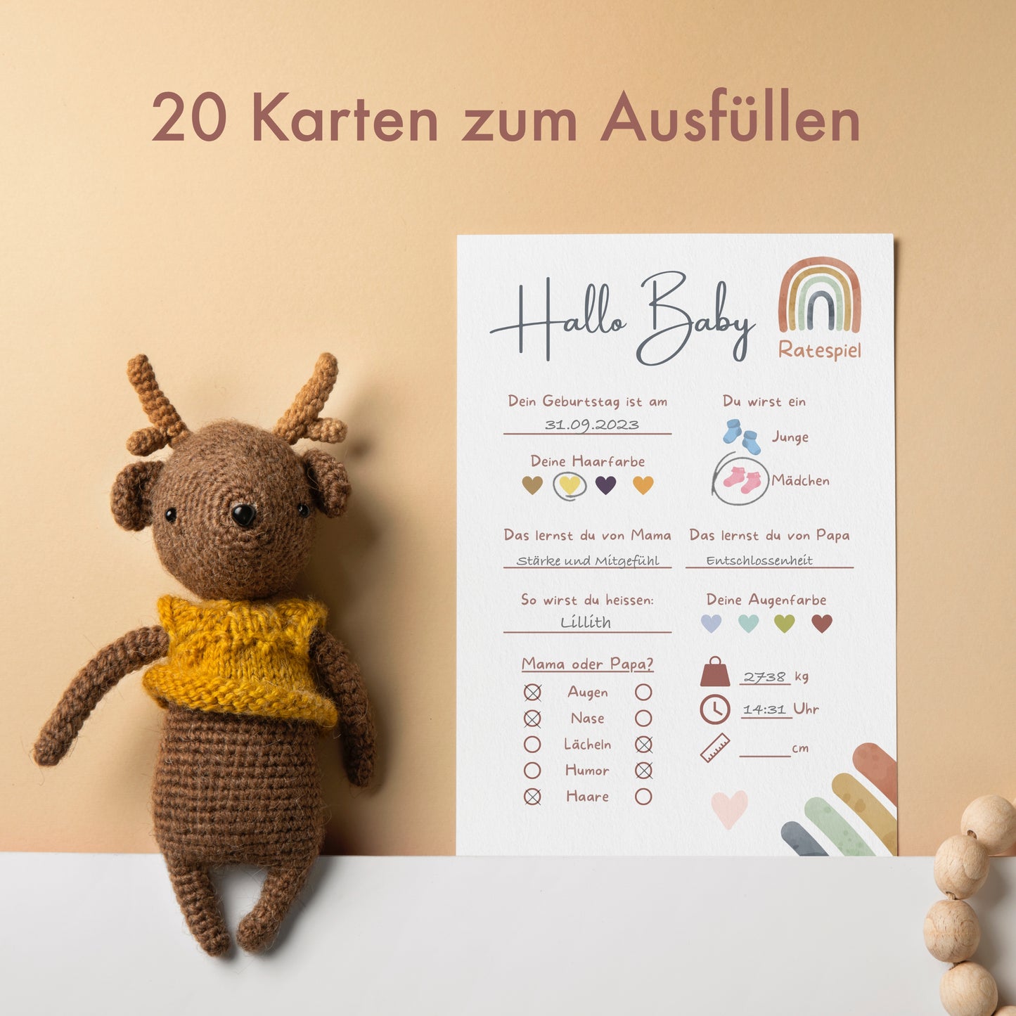 20 Ratespielkarten für Babypartys - Regenbogen Design - Babyparty Spiele für Gender-Reveal-Party und Babyshower, Tippkarten für Baby Mädchen und Jungen