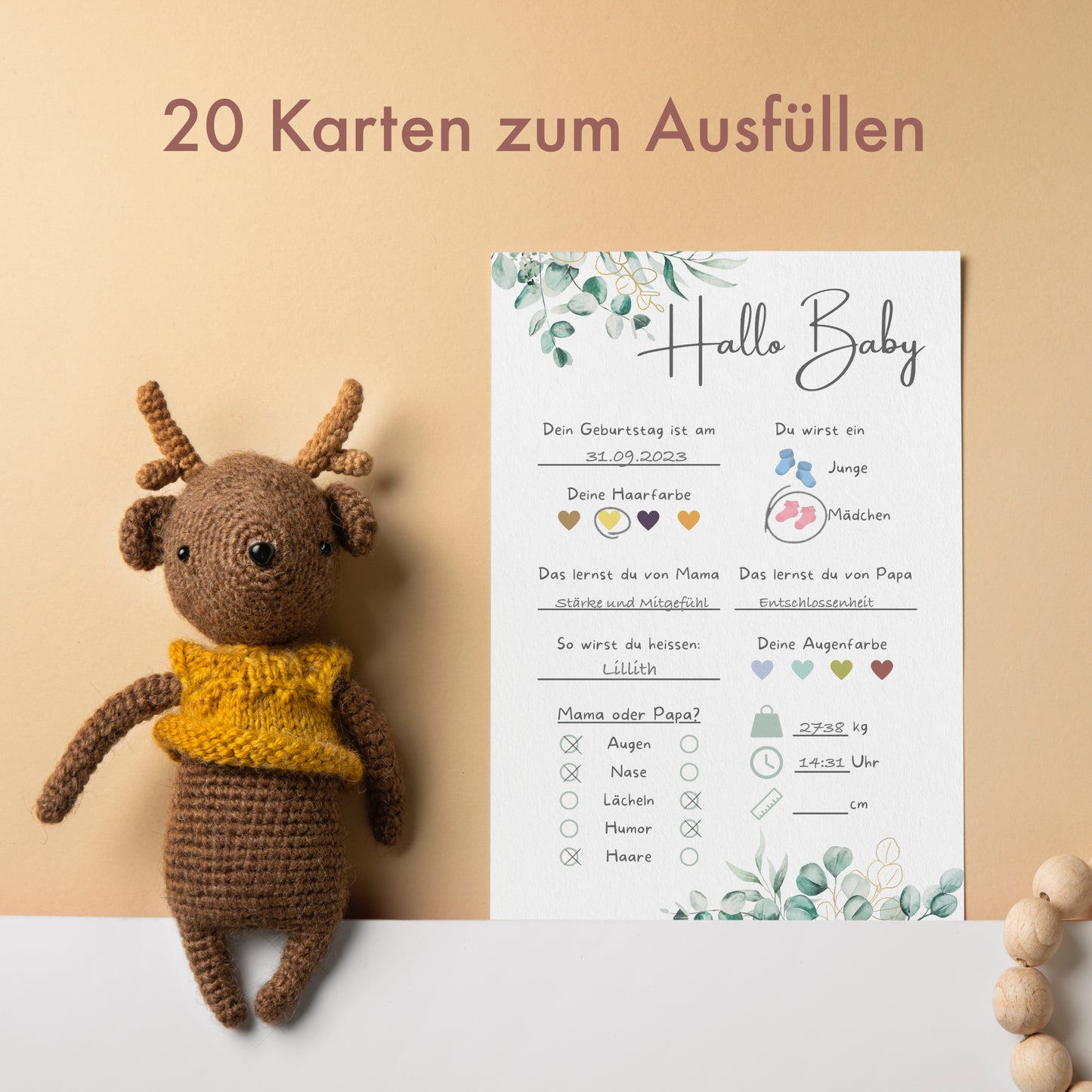 20 Ratespielkarten für Babypartys - Eukalyptus Design - Babyparty Spiele für Gender-Reveal-Party und Babyshower, Tippkarten für Baby Mädchen und Jungen