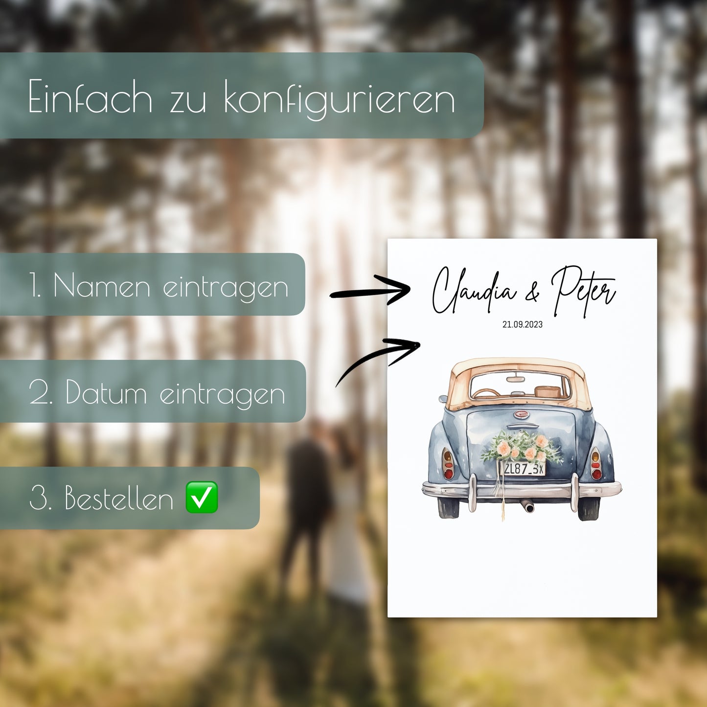 Hochzeitsgeschenk Geldpräsent | Just Married | ohne Rahmen | Hochzeiten – Ein originelles Hochzeitsgeschenk fürs Brautpaar – Din A4 mit Karte und schönem Briefumschlag