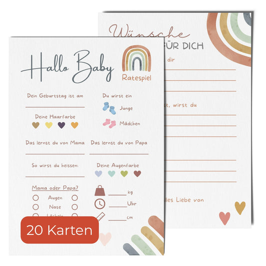 20 Ratespielkarten für Babypartys - Regenbogen Design - Babyparty Spiele für Gender-Reveal-Party und Babyshower, Tippkarten für Baby Mädchen und Jungen