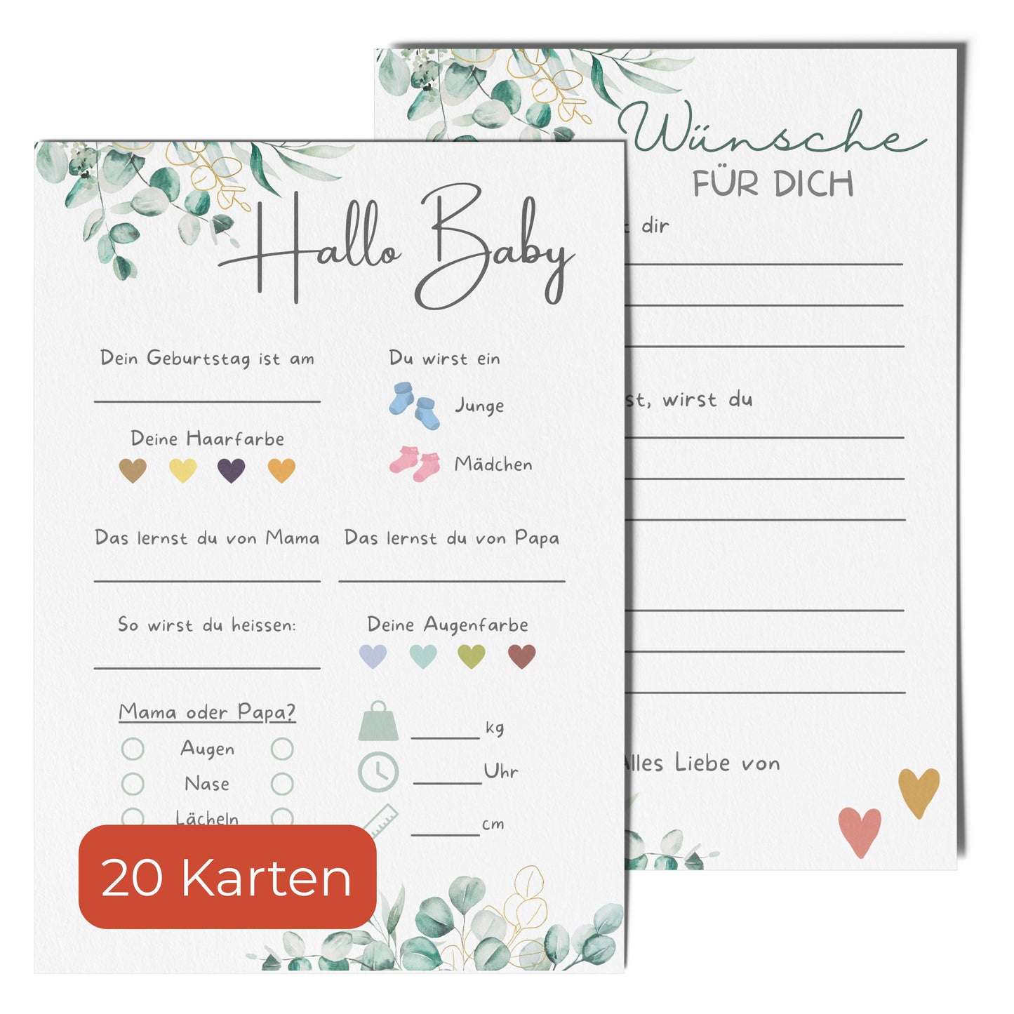 20 Ratespielkarten für Babypartys - Eukalyptus Design - Babyparty Spiele für Gender-Reveal-Party und Babyshower, Tippkarten für Baby Mädchen und Jungen