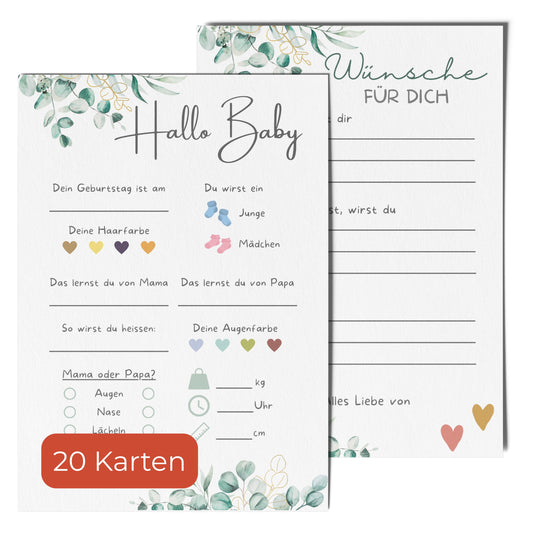 20 Ratespielkarten für Babypartys - Eukalyptus Design - Babyparty Spiele für Gender-Reveal-Party und Babyshower, Tippkarten für Baby Mädchen und Jungen