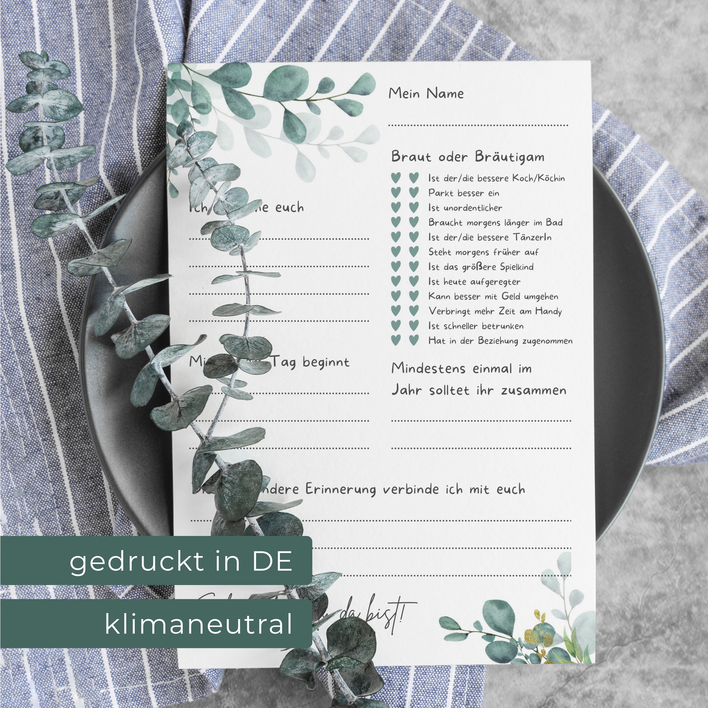 Gästebuchkarten im Eukalyptus Design - Gästekarten Gästebuch alternative mit Fragen