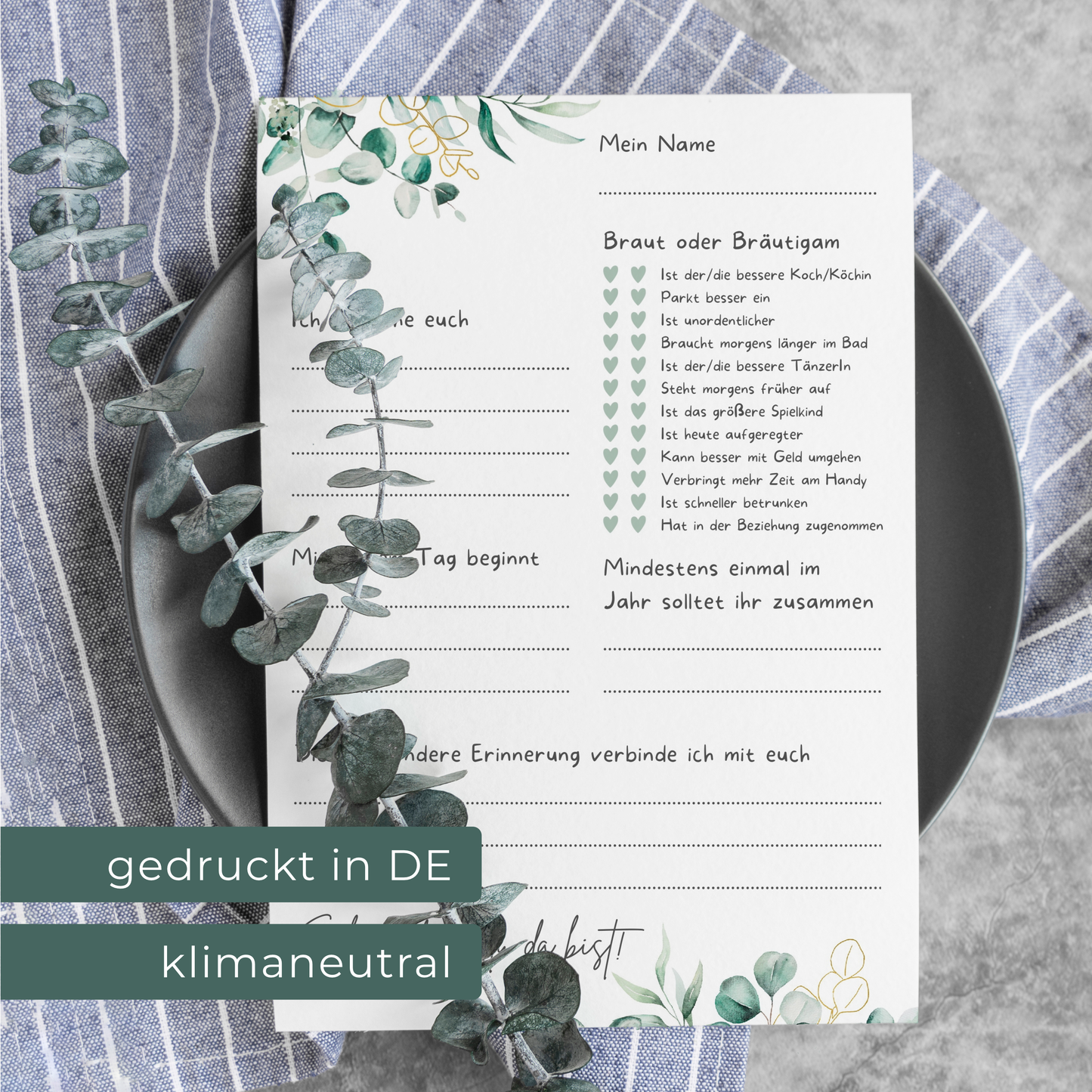 Gästebuchkarten im Eukalyptus Wasserfarben Design - Gästekarten Gästebuch alternative mit Fragen